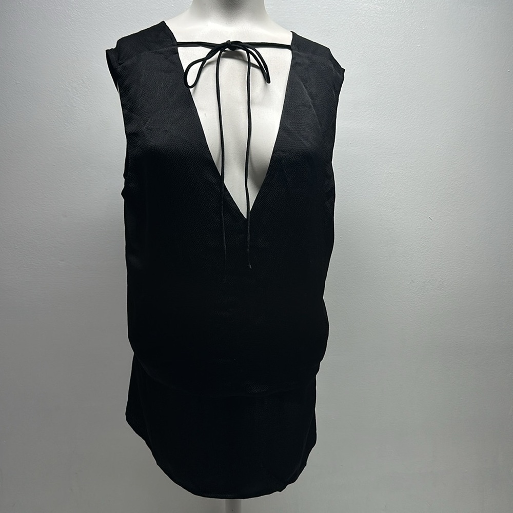 Everlane Blouse Top Shirt Sleeveless V-Neck Tie Bow Front Textured Black Large